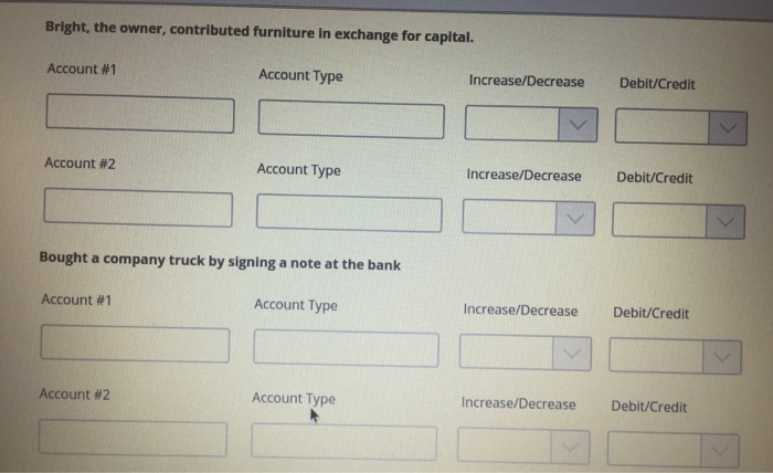 Account Type Increase/Decrease Debit/Credit Account #2 Account Type Increase/Decrease Debit/Credit Paid cash