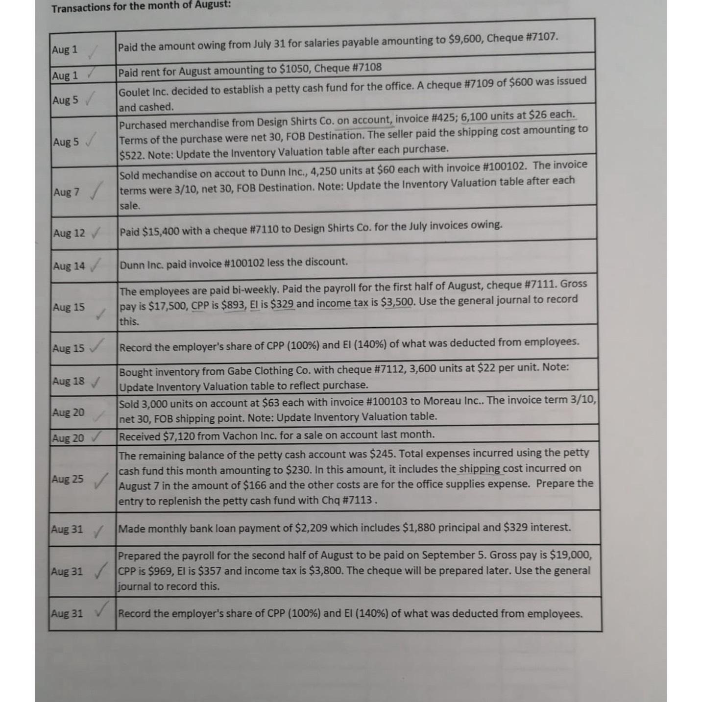  Transactions for the month of August: \table[[Aug 1,Paid the amount owing