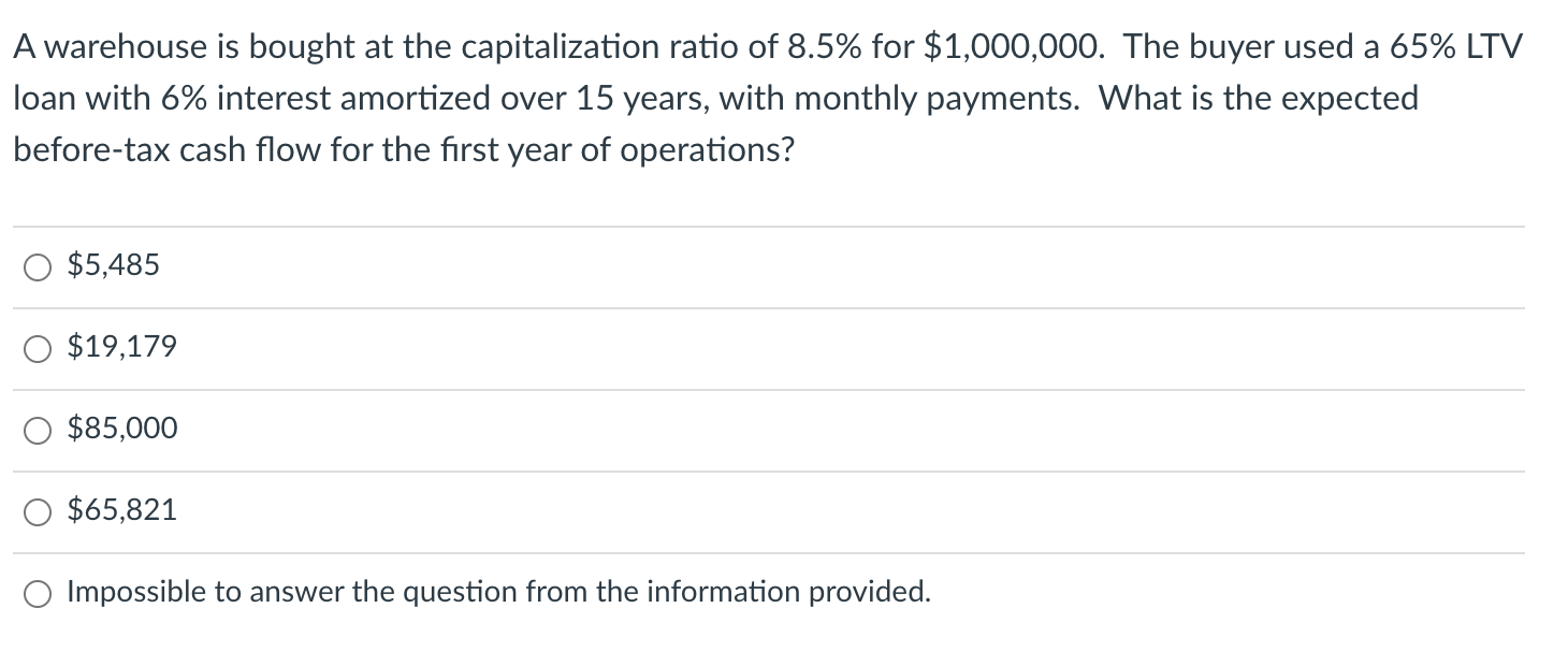  A warehouse is bought at the capitalization ratio of 8.5% for