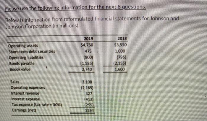  Please use the following information for the next 8 questions, Below