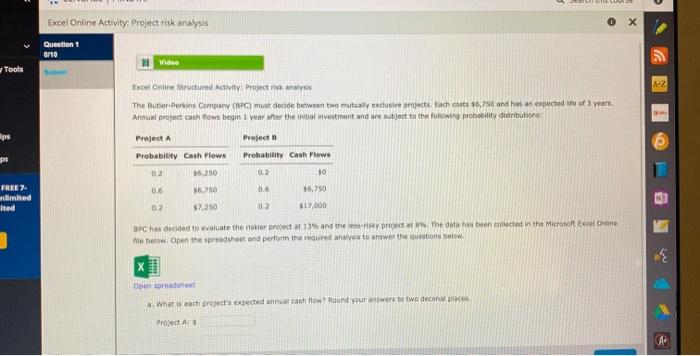  - Excel Online Activity: Project risk analysis Question 1 GO H