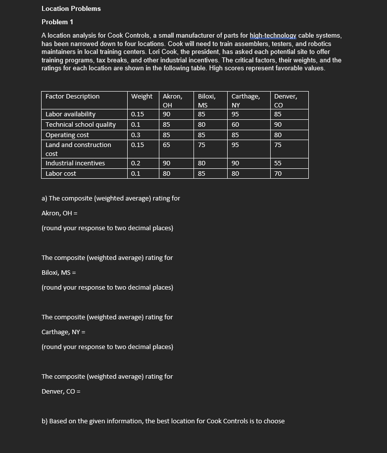  Problem 1 A location analysis for Cook Controls, a small manufacturer