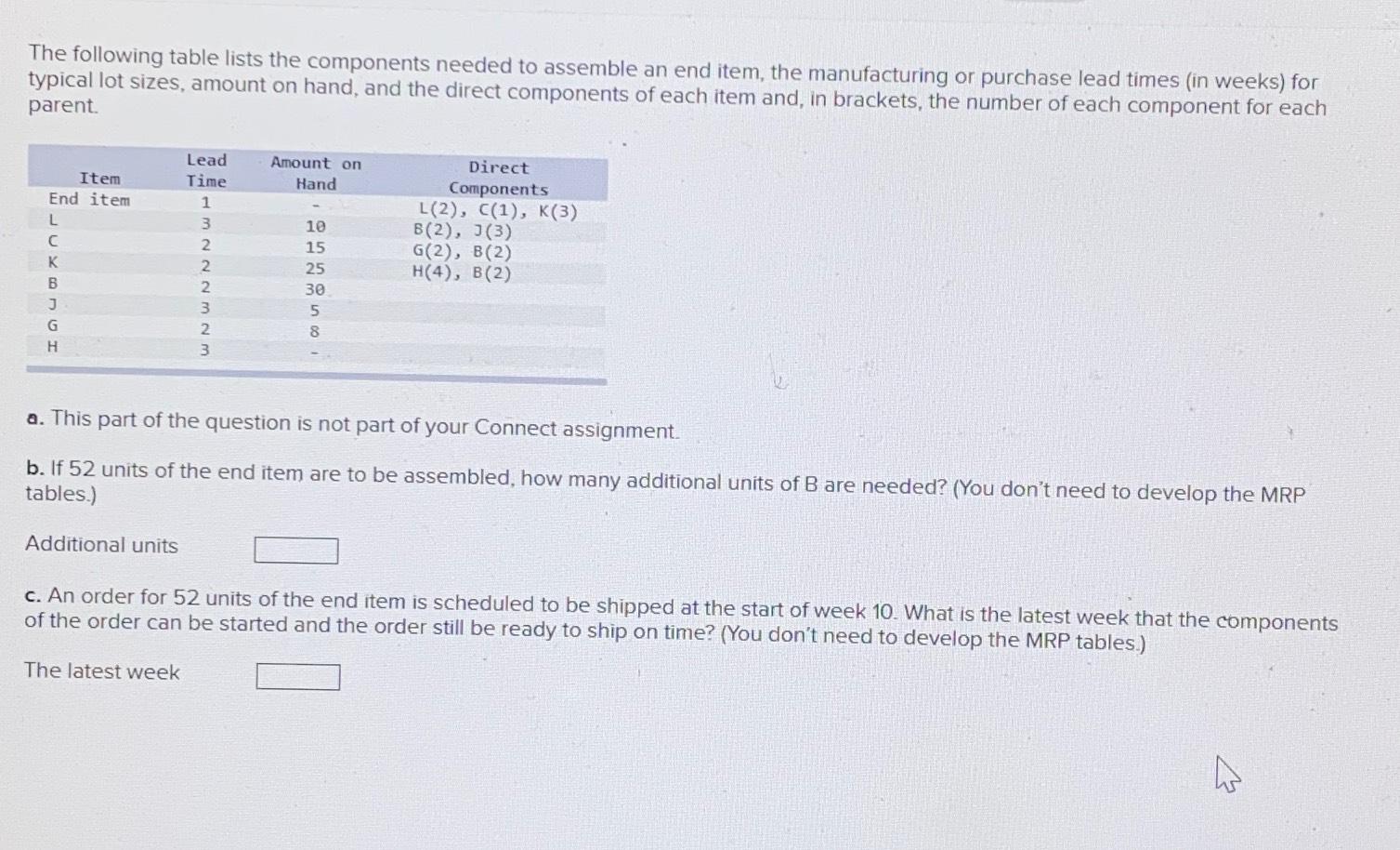  The following table lists the components needed to assemble an end