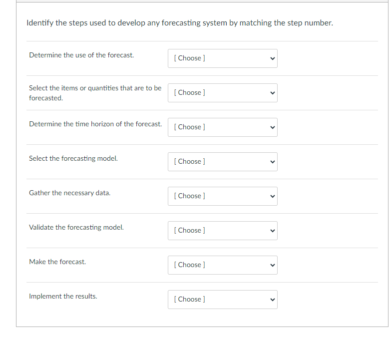  Identify the steps used to develop any forecasting system by matching