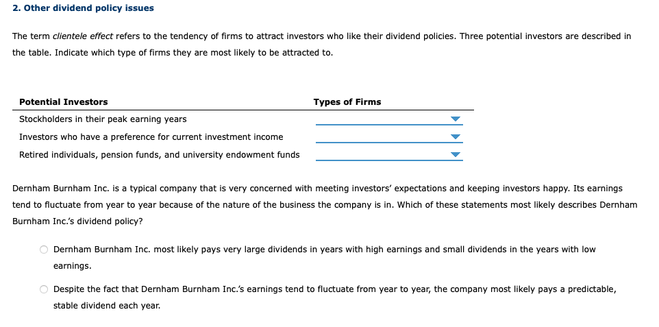 2. Other dividend policy issues The term clientele effect refers to