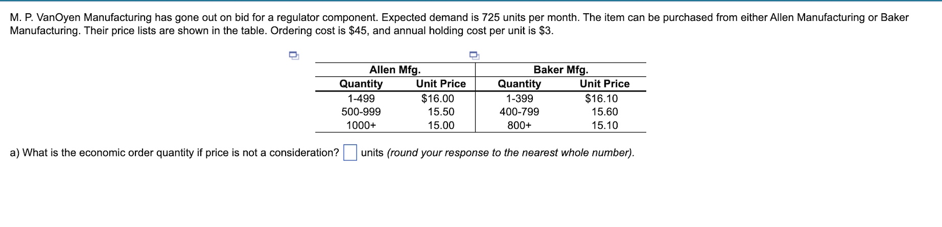 answer all questions using the first table please M. P. VanOyen Manufacturing