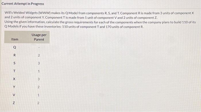  Will's Welded Widgets (WWW) makes its Q Model from components R,