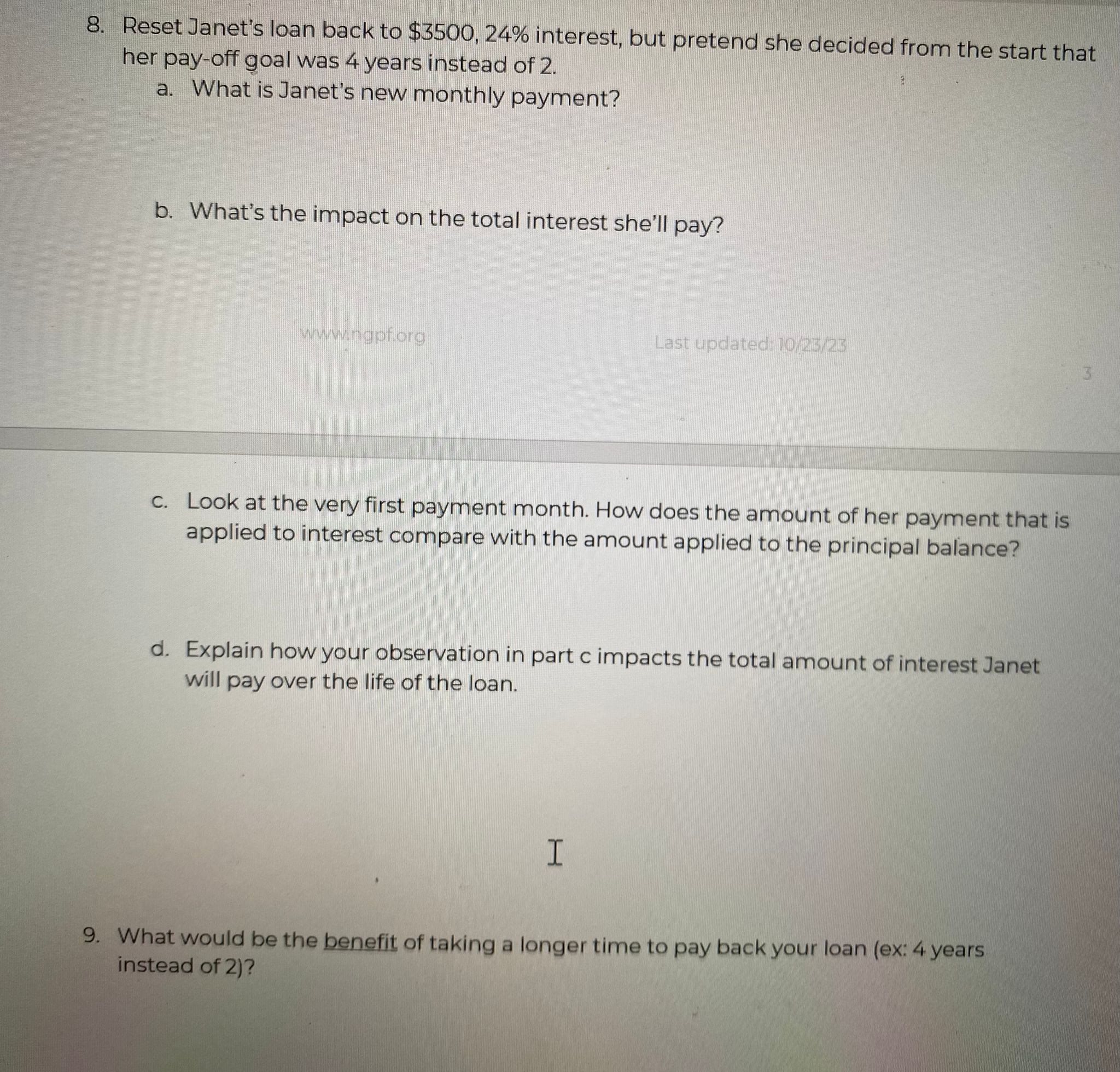 what the schedule would look like if Janet had made one $285.05