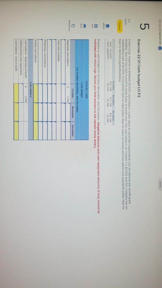 CH 22 HOMEWORK Seed 5 Exercise 22-21 Cash budget LO P2