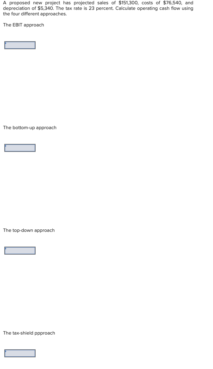  A proposed new project has projected sales of $151,300, costs of