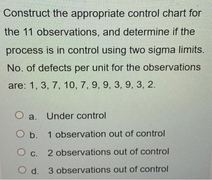 Construct the appropriate control chart for the 11 observations, and determine