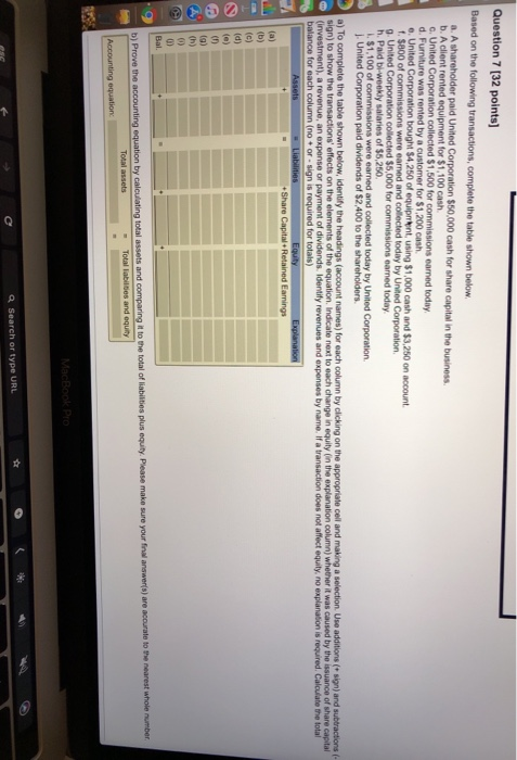 132 points) Based on the following transactions, complete the table shown