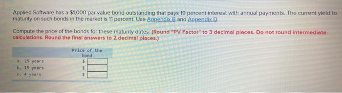  Applied Software has a $1,000 par value bond outstanding that pays