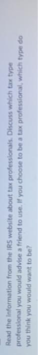  Read the information from the IRS website about tax professionals. Discuss