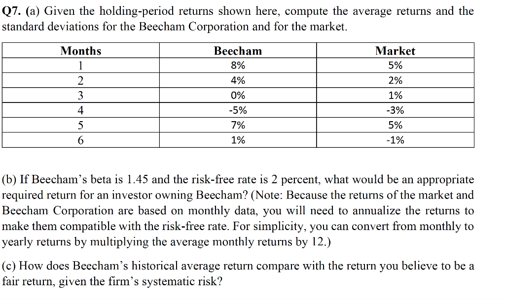  Q7. (a) Given the holding-period returns shown here, compute the average