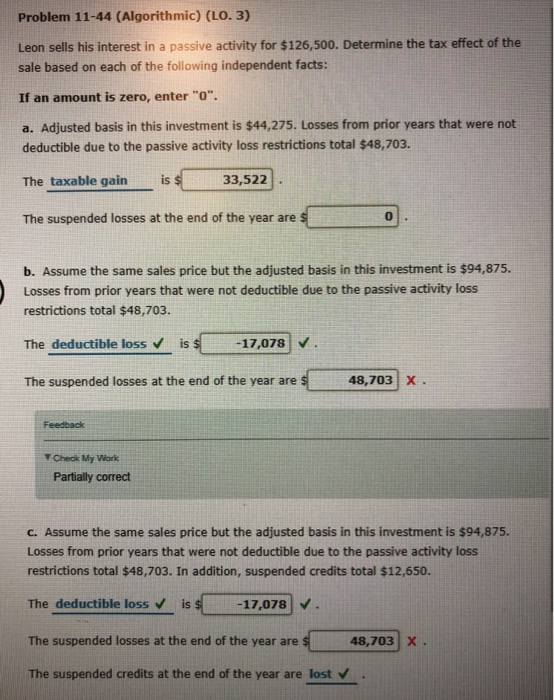  Problem 11-44 (Algorithmic) (LO. 3) Leon sells his interest in a