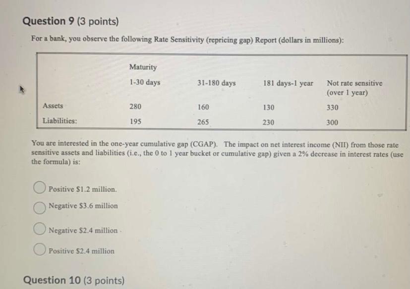Question 9 (3 points) For a bank, you observe the following