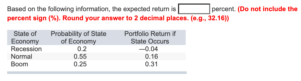  Based on the following information, the expected return is percent. (Do