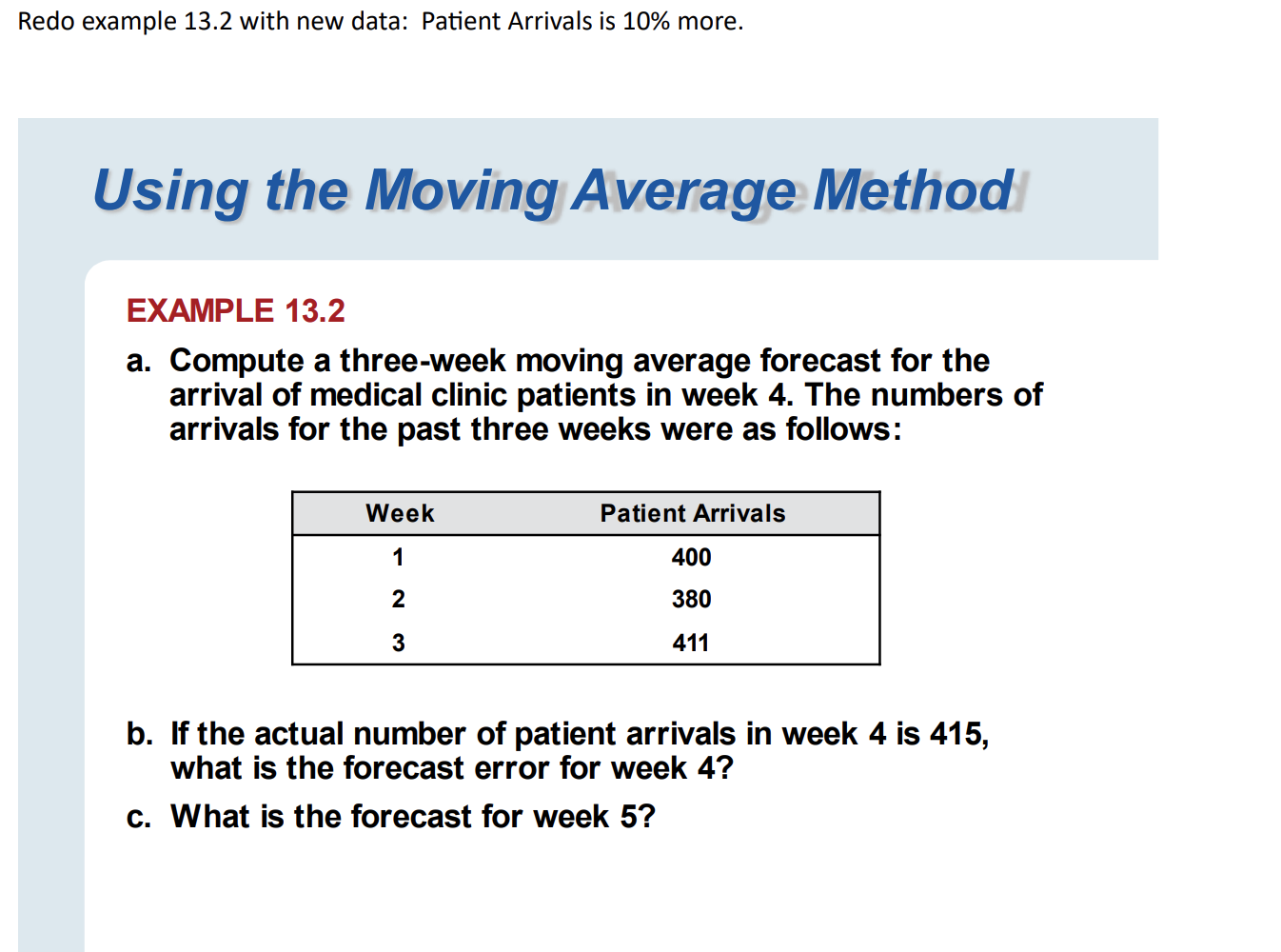  Redo example 13.2 with new data: Patient Arrivals is 10% more.