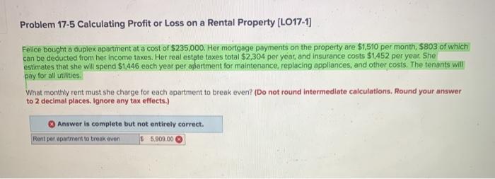  Problem 17-5 Calculating Profit or Loss on a Rental Property (L017-1]