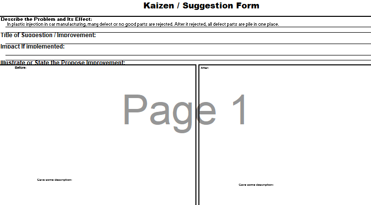 Kaizen rovemen Suggestion Form d all defect parts are pile in one