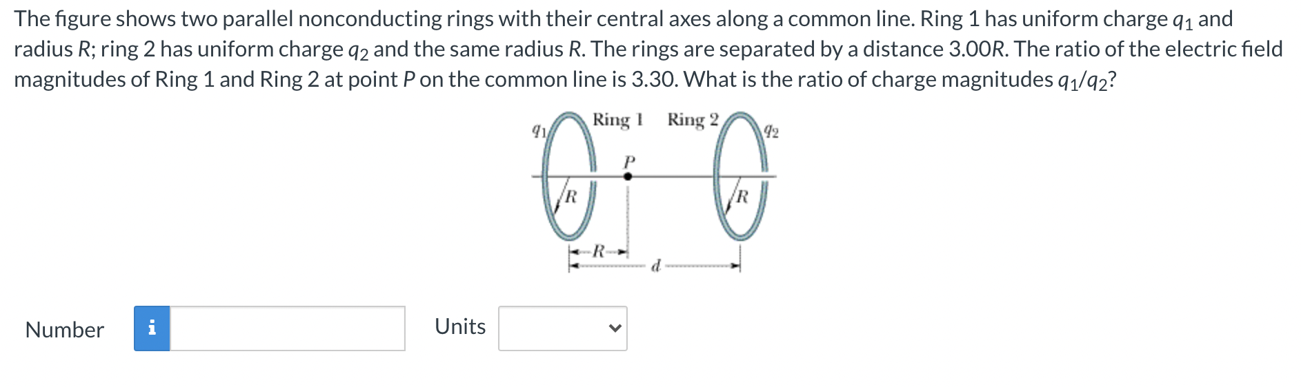  The figure shows two parallel nonconducting rings with their central axes