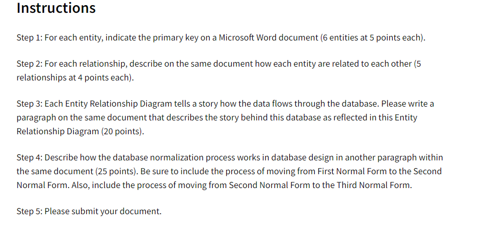 review the following Entity Relationship Diagram: Step 1: For each entity, indicate