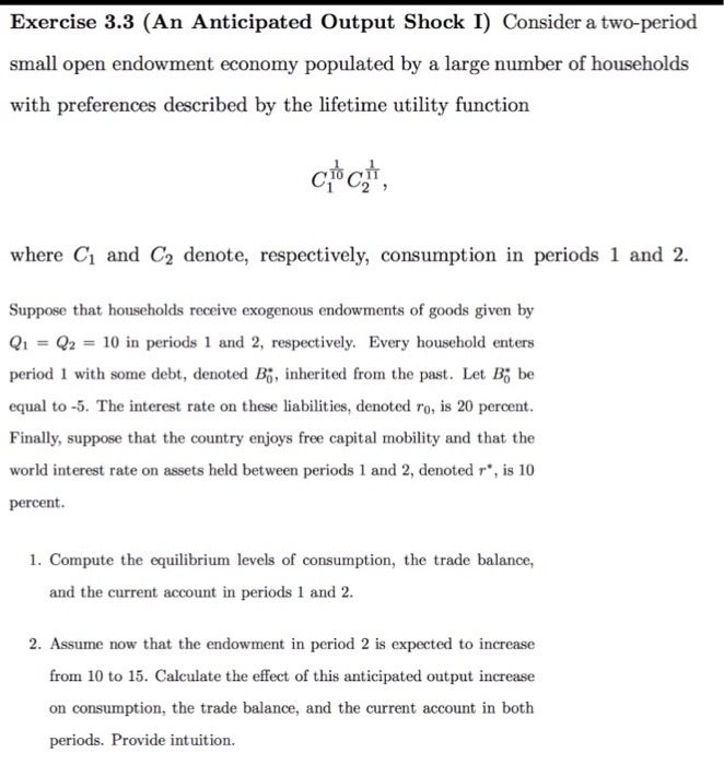  Exercise 3.3 (An Anticipated Output Shock I) Consider a two-period small