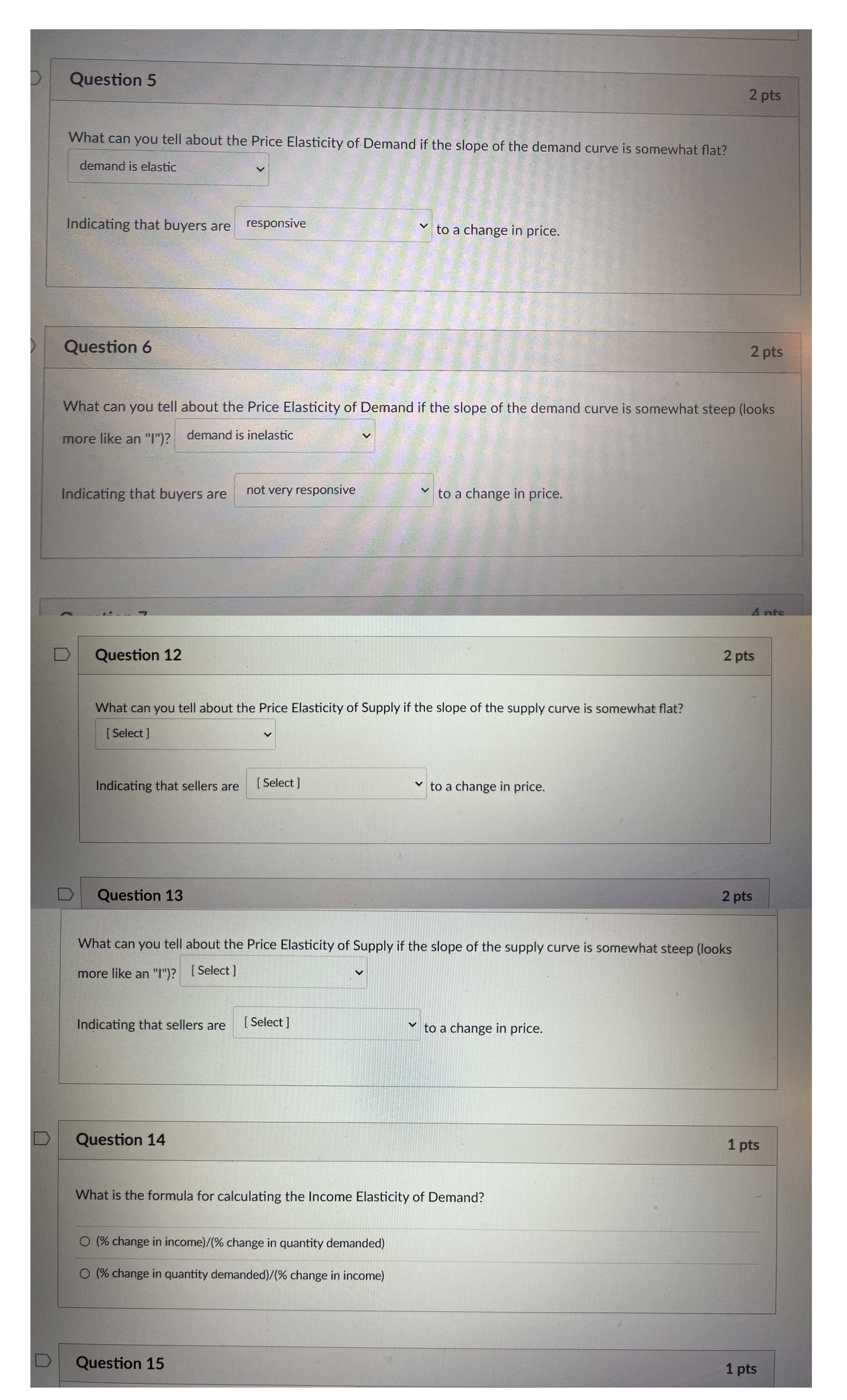 Questions 5, 6, 12, and 13 multiple choice options: first tab: demand