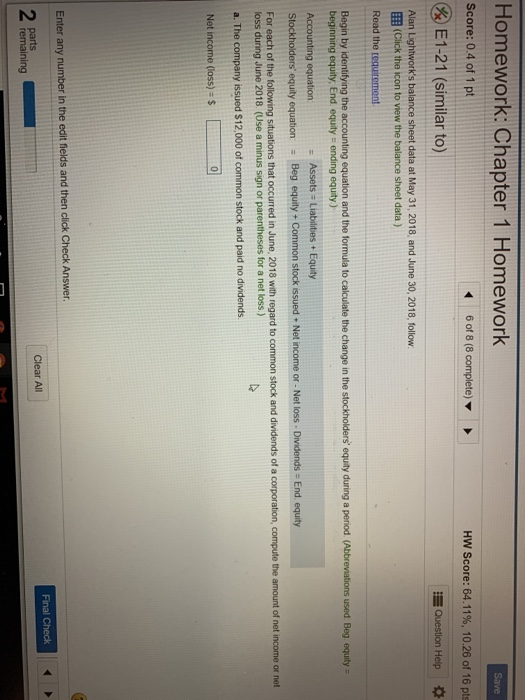  Save Homework: Chapter 1 Homework Score: 0.4 of 1 pt 6