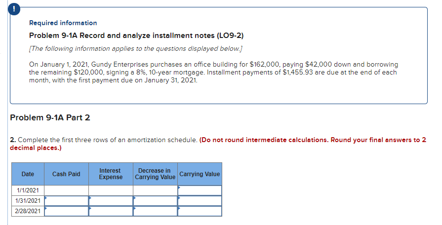 Gundy Enterprises purchases an office building for $162,000, paying $42,000 down and