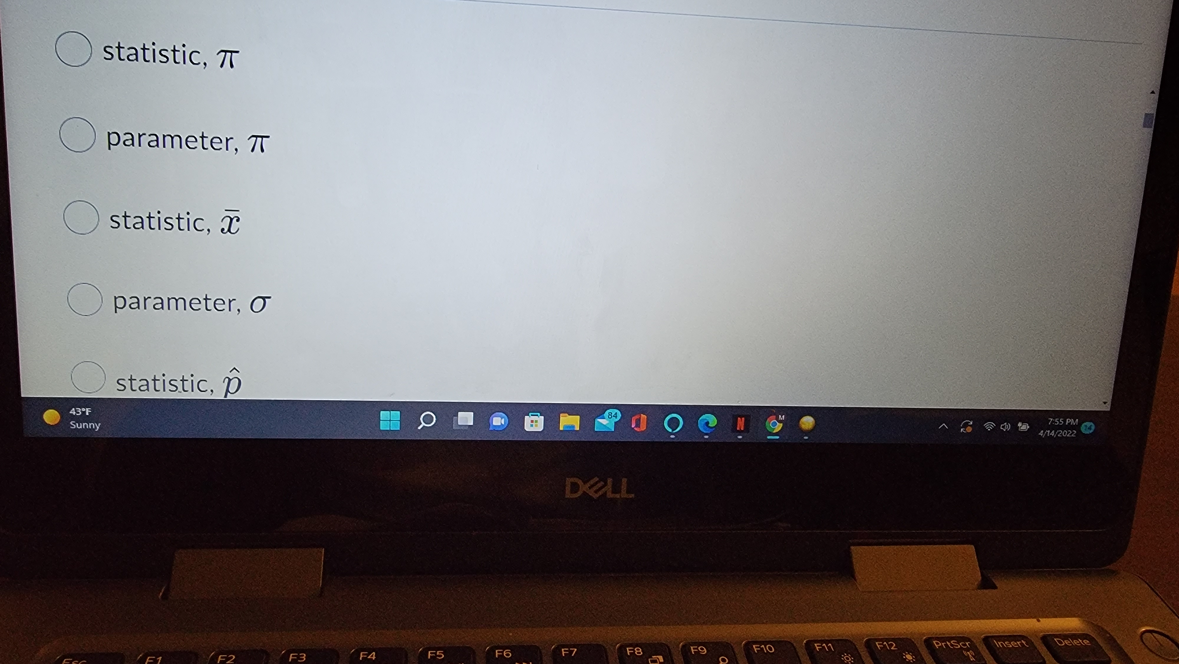 a statistic, and also indicate the symbol used to denote the parameter