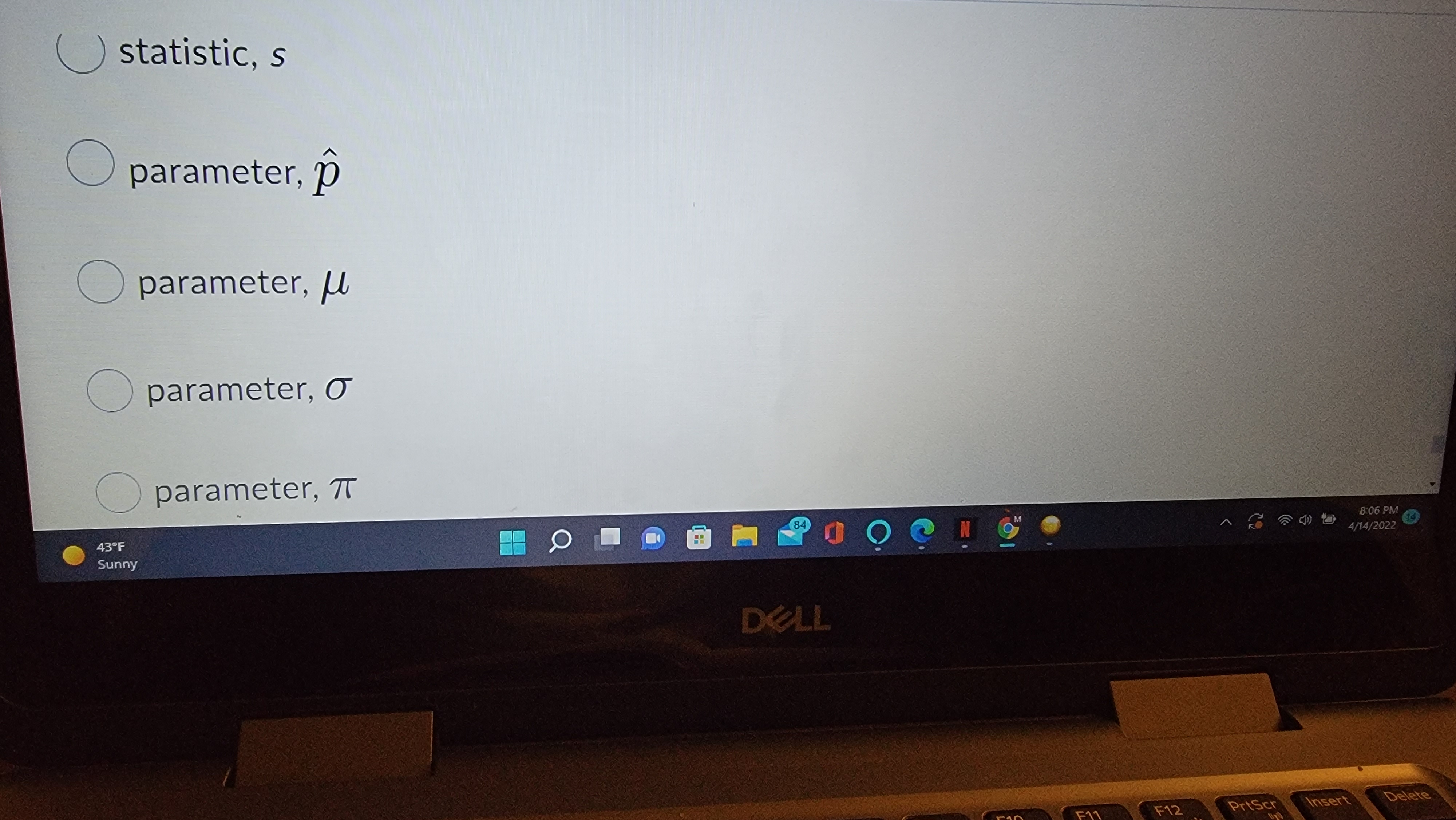 43.F 8:01 PM Sunny 4/14/2022 DELL F11 F12 PriScr Insert Delete F4