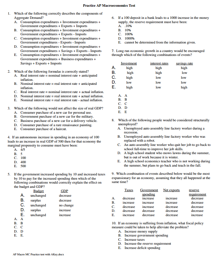 Every question should be well explained Practice AP Macroeconomics Test 1. Which