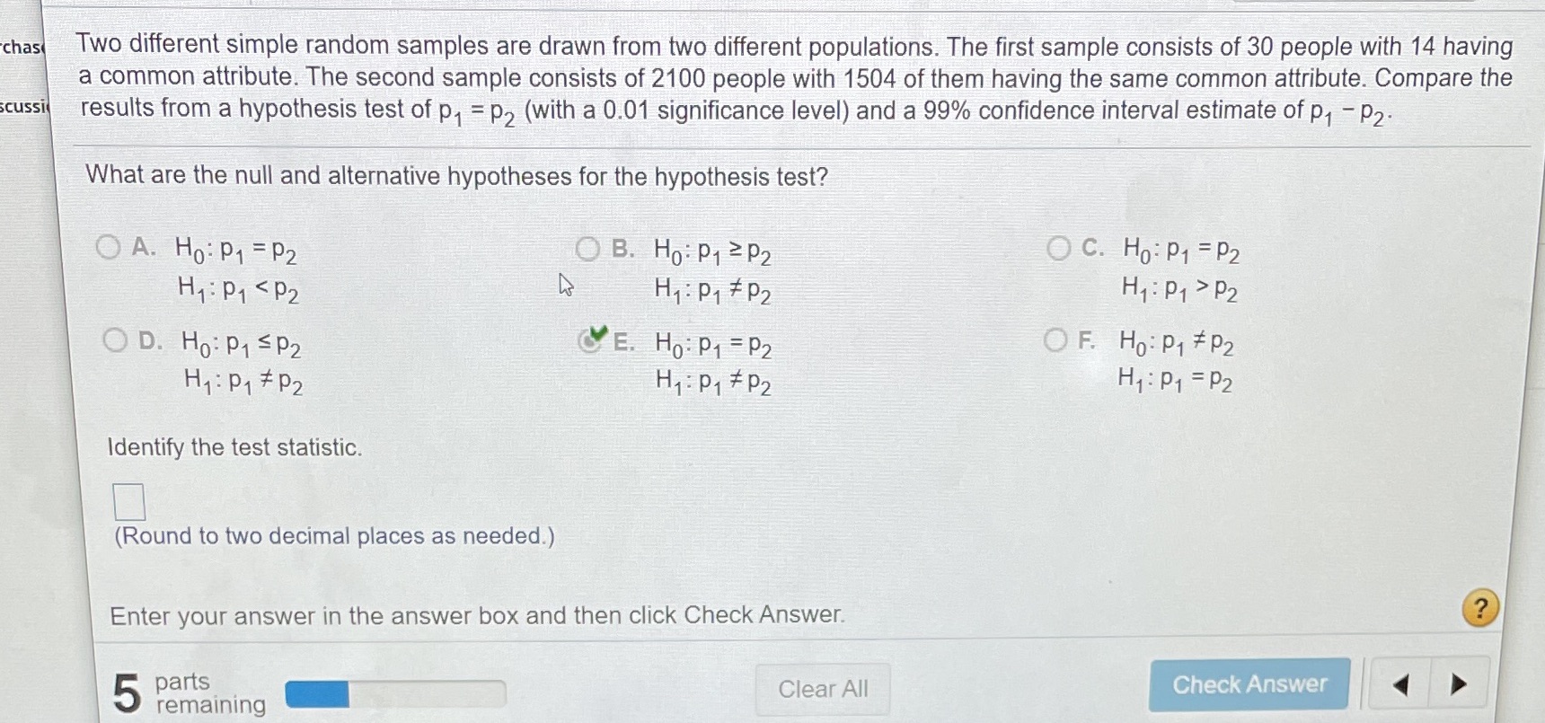 Please find the test statistic, 95% confidence interval, critical value. chas Two
