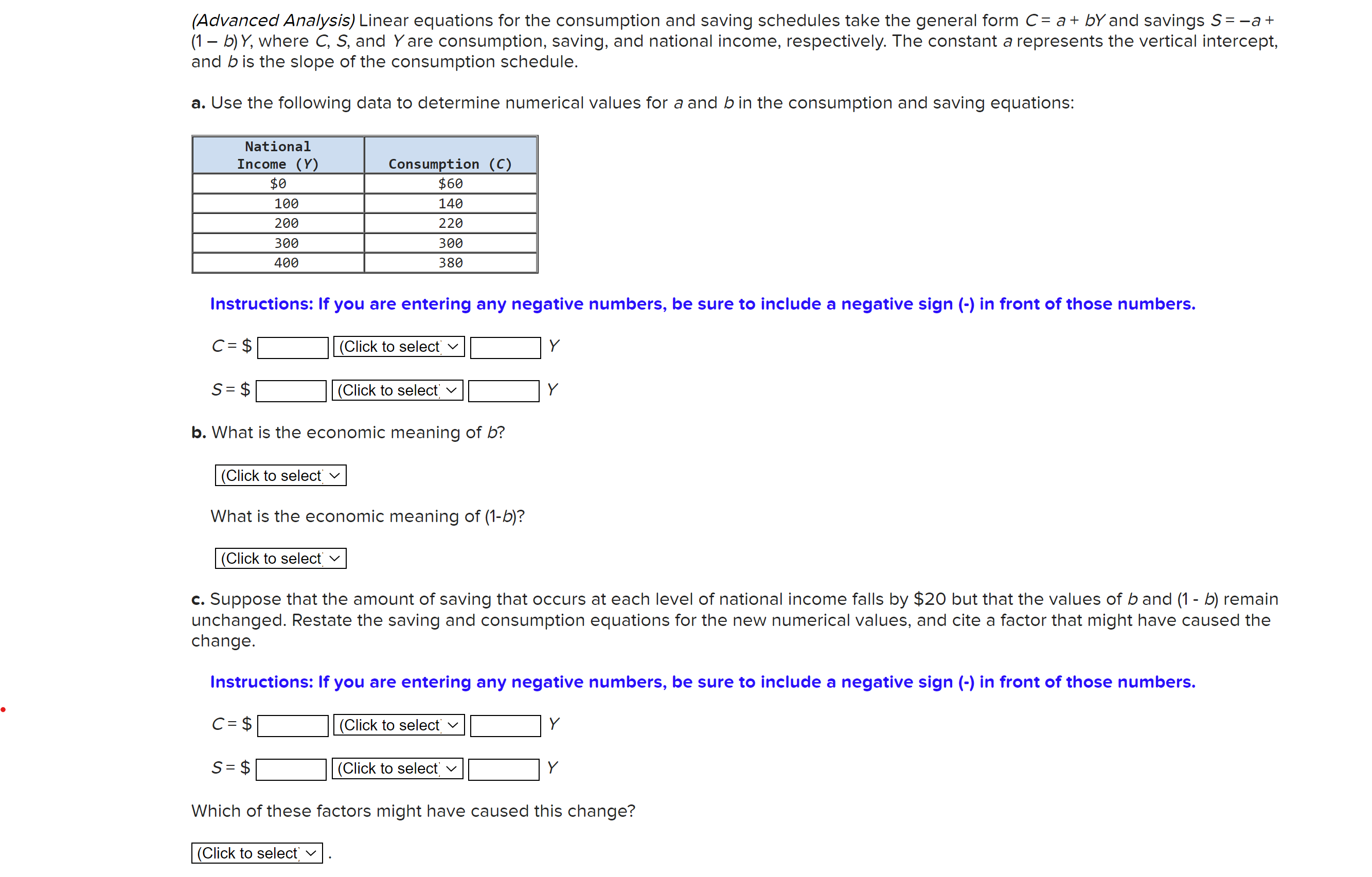 (Advanced Analysis) Linear equations for the consumption and saving schedules take