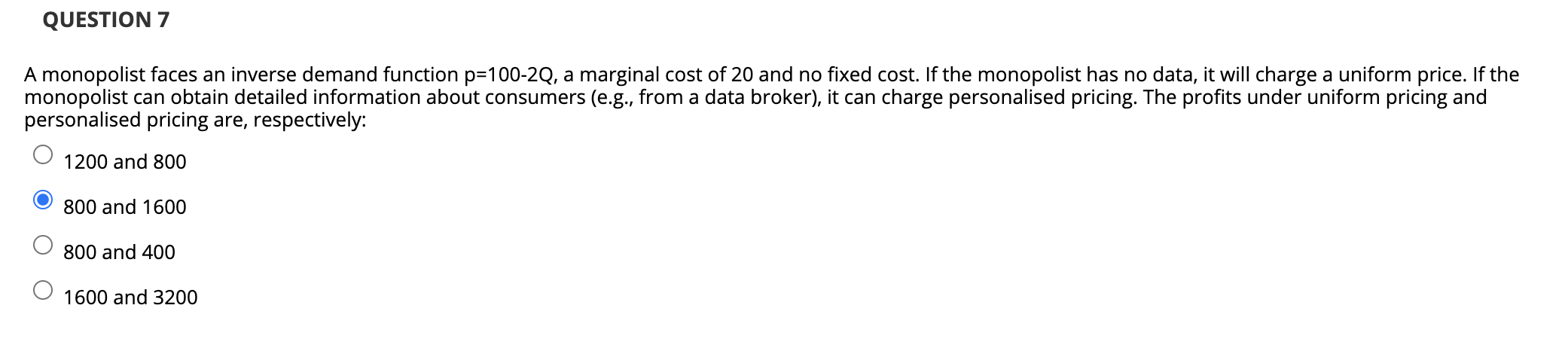 A monopolist faces an inverse demand function p=100-2Q, a marginal cost of