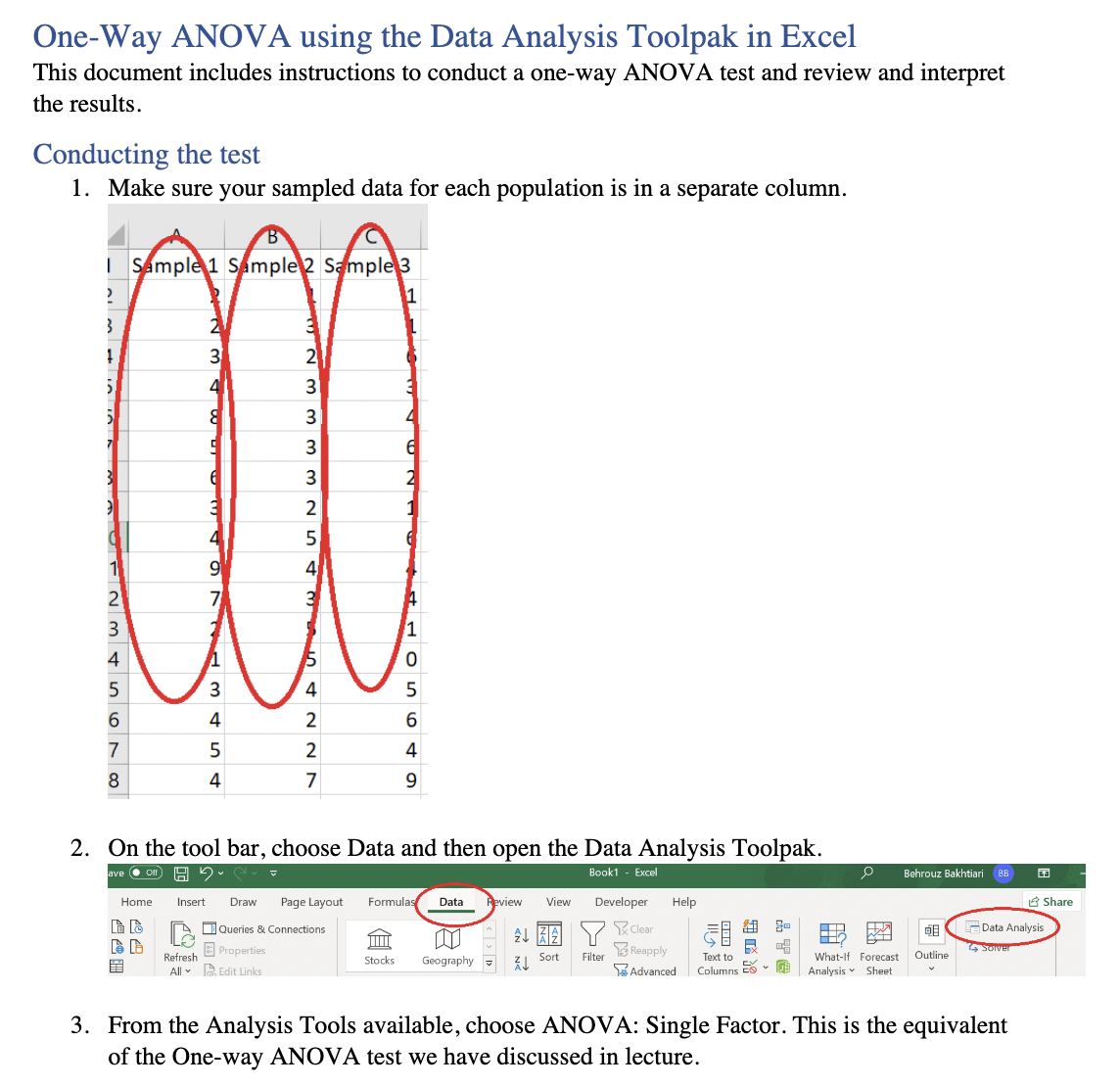 A4 and A5 before conducting the test. Note: MS Excel uses the