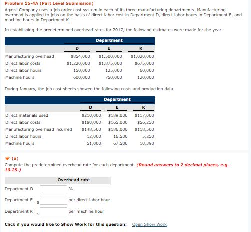  Problem 15-4A (Part Level Submission) Agassi Company uses a job order