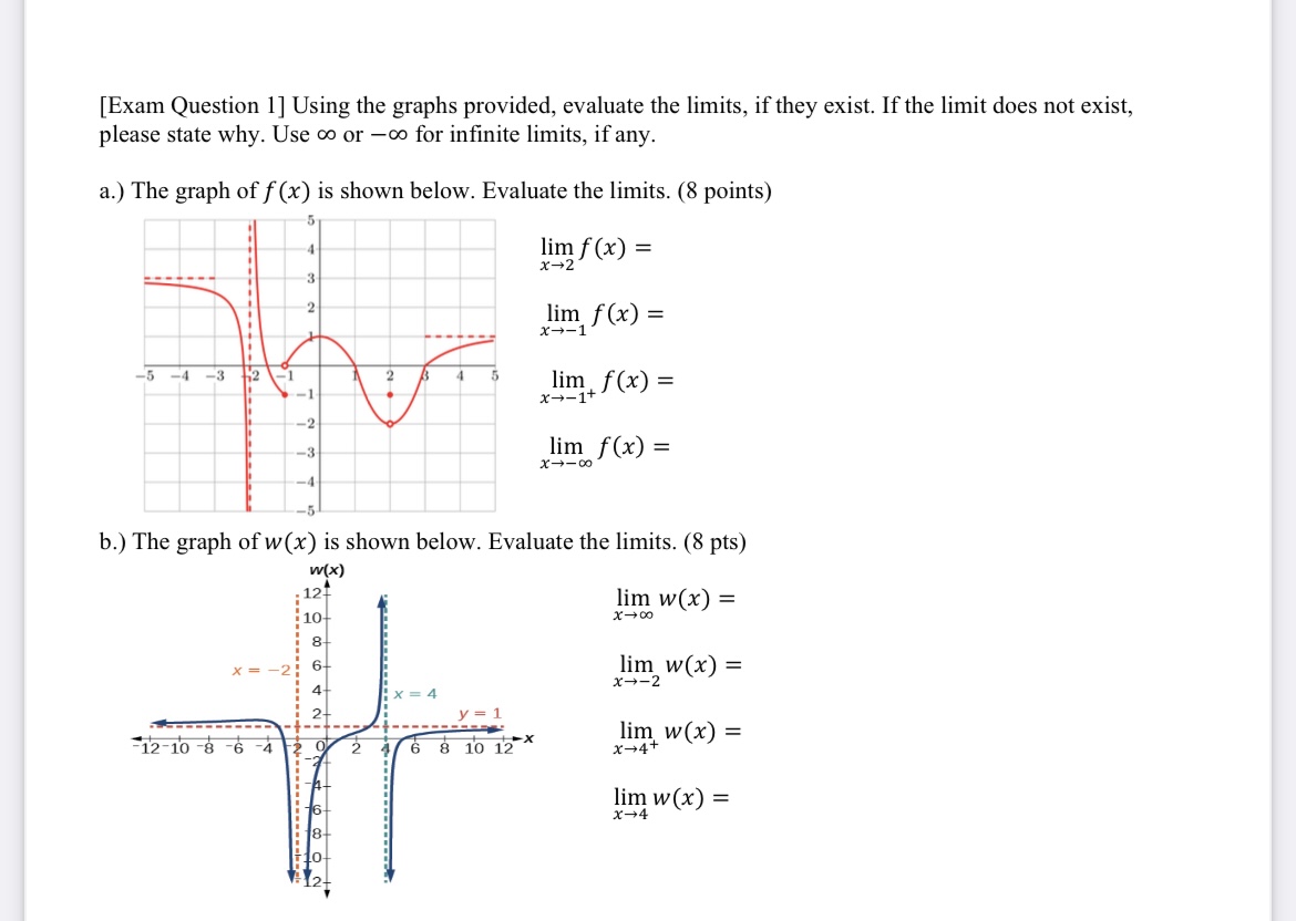  [Exam Question 1] Using the graphs provided, evaluate the limits, if