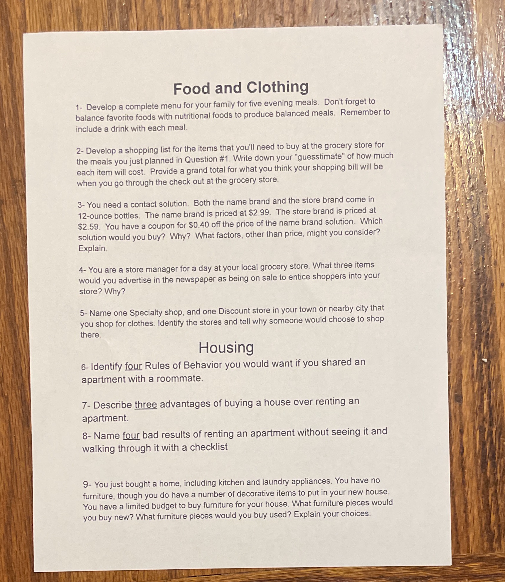  Food and Clothing 1- Develop a complete menu for your family