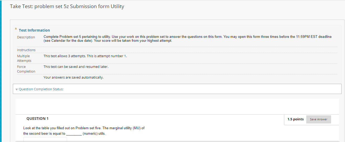  Take Test: problem set 5z Submission form Utility * Test Information