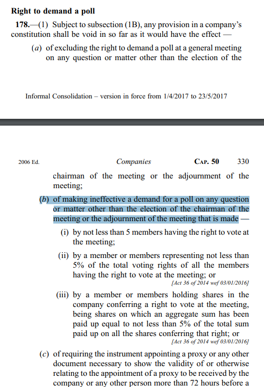  Right to demand a poll 178.-(1) Subject to subsection (1B), any