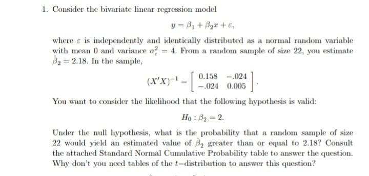  1. Consider the bivariate linear regression model y = B1+ Box