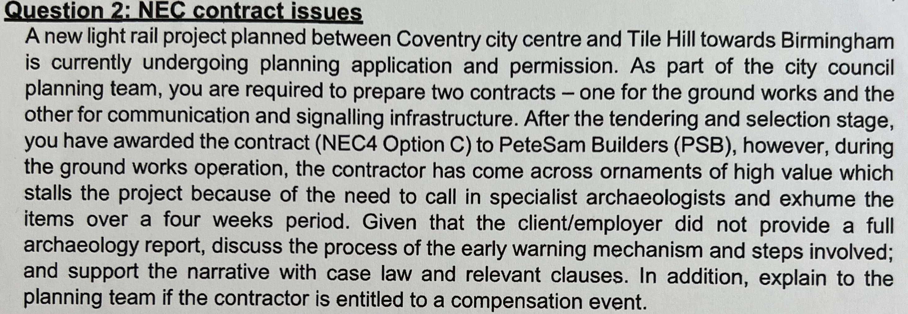 Question 2: NEC contract issues A new light rail project planned