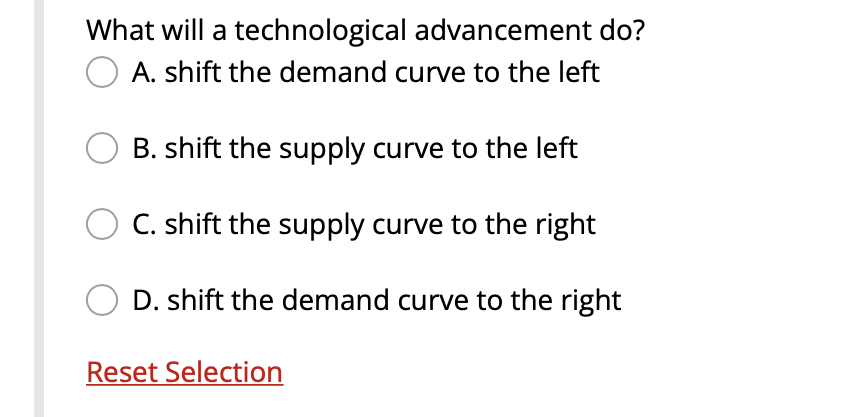 What will a technological advancement do? O A. shift the demand