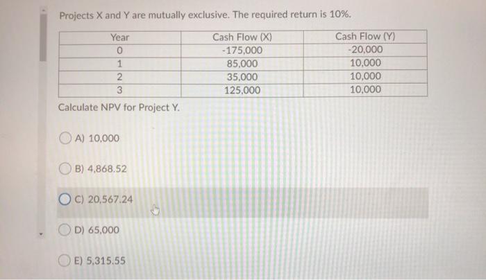  Projects X and Y are mutually exclusive. The required return is