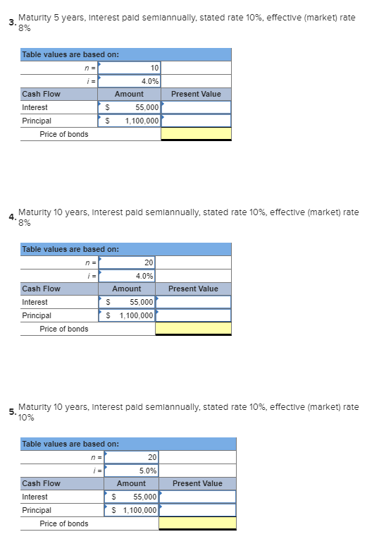 OF BONDS ***** Complete the below table to calculate the price of