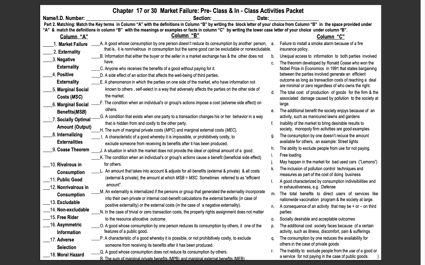 Matching: Match the Key terms in Column "A" with the definitions in