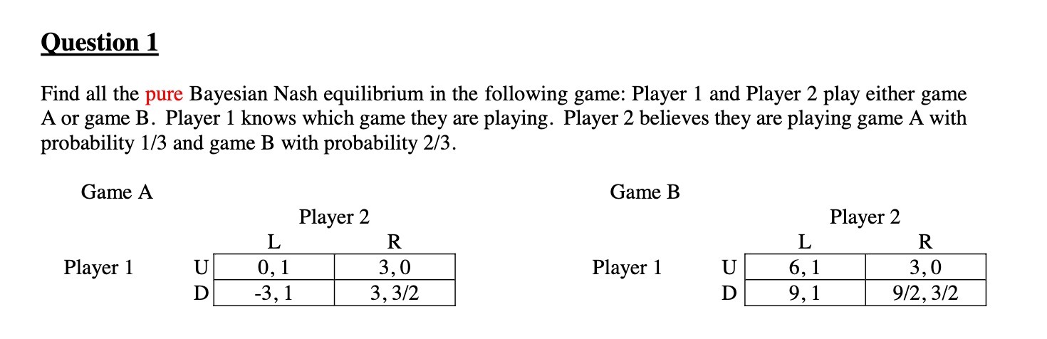  Question 1 Find all the pure Bayesian Nash equilibrium in the